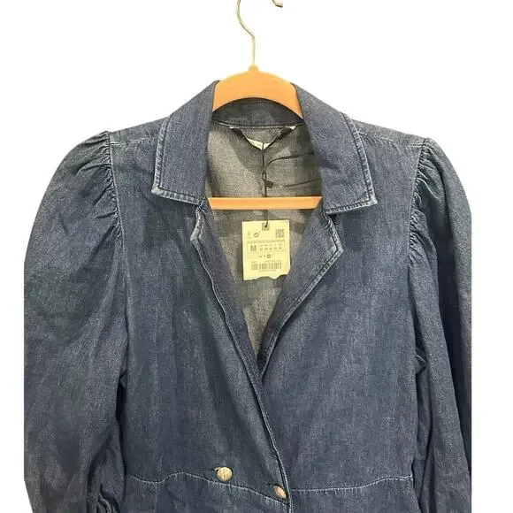 Zara Blue  Double Breasted Puff Sleeve Denim Mini Dress Blogger Favorite NEW - Picture 11 of 16